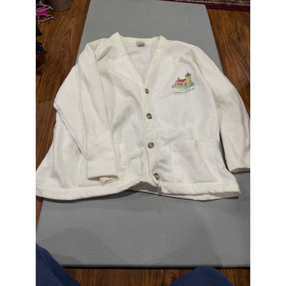 Vintage Unisex Cal Cru Sweatshirt Cardigan L/XL White Michigan Lighthouse